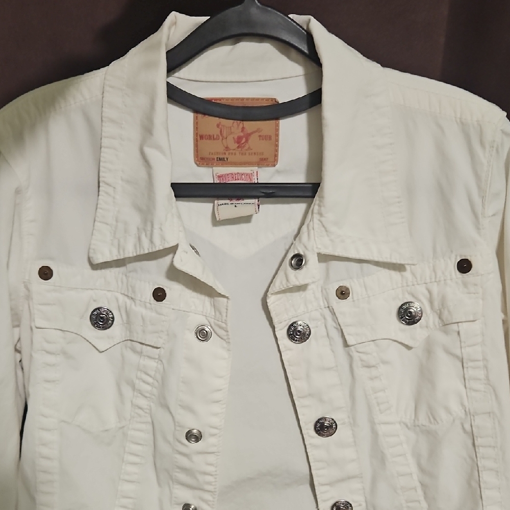 True Religion White Denim Jacket with Silver Buttons